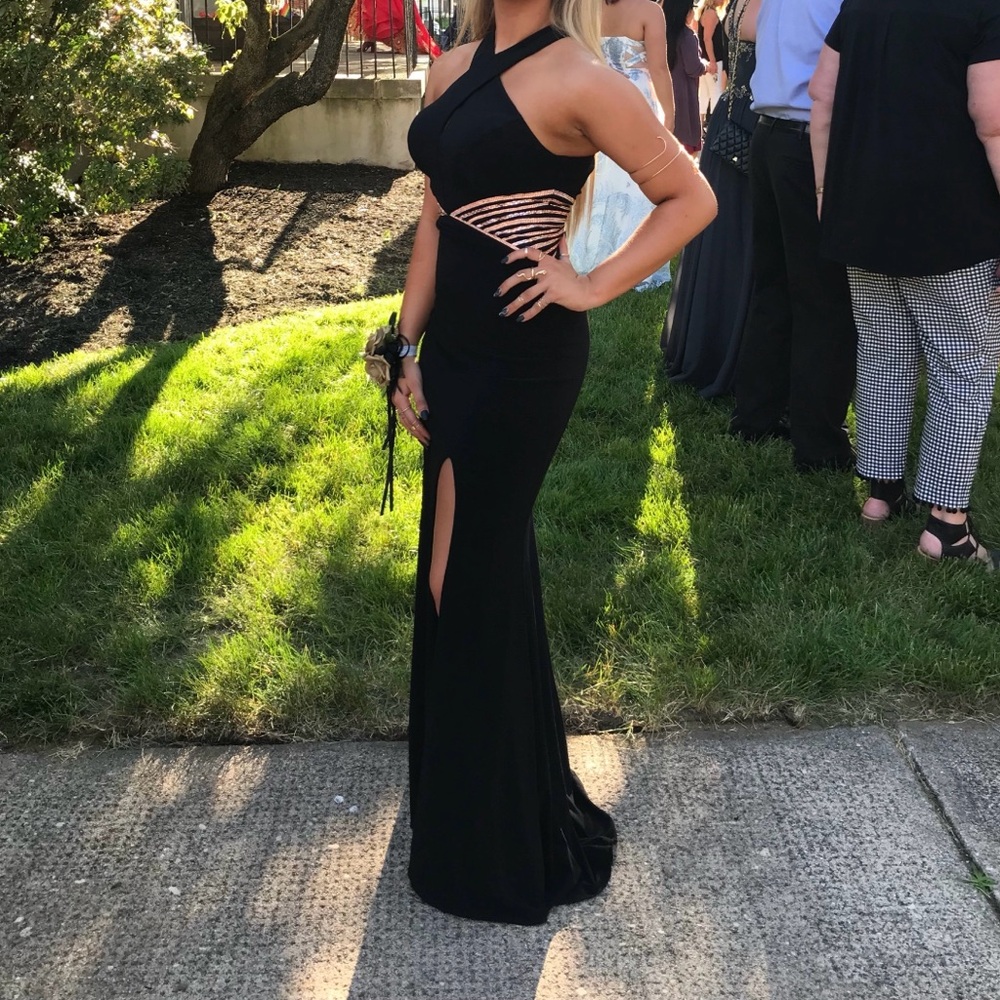 Classy Black Prom Dress. Gold mesh side.